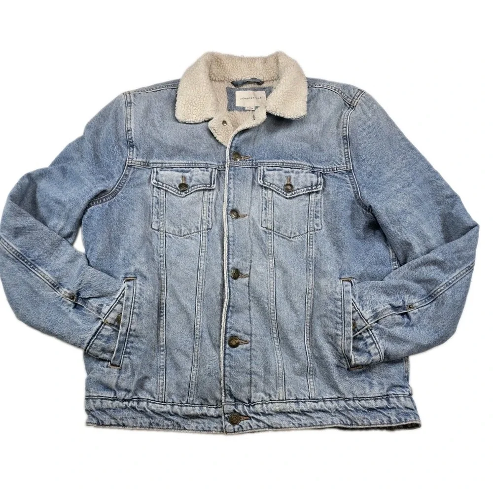 Aeropostale Mens Denim Sherpa Lined Trucker Jacket Size L